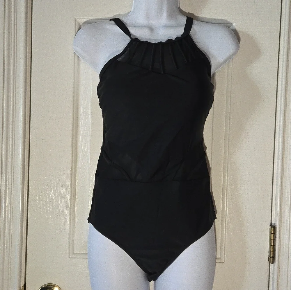 Holipick One Piece Swimsuit Bathing Suit Black Mesh Cutouts High Neck See Throug - Picture 11 of 16